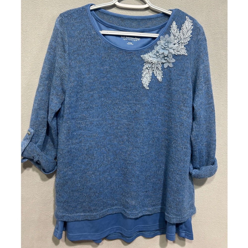 Soft Surroundings Sweater Top Women XL Blue Floral Applique Roll Tab Sleeve
